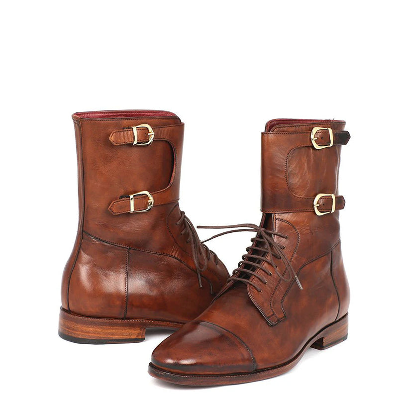 Men Cap Toe Leather High Ankle Boot Tan