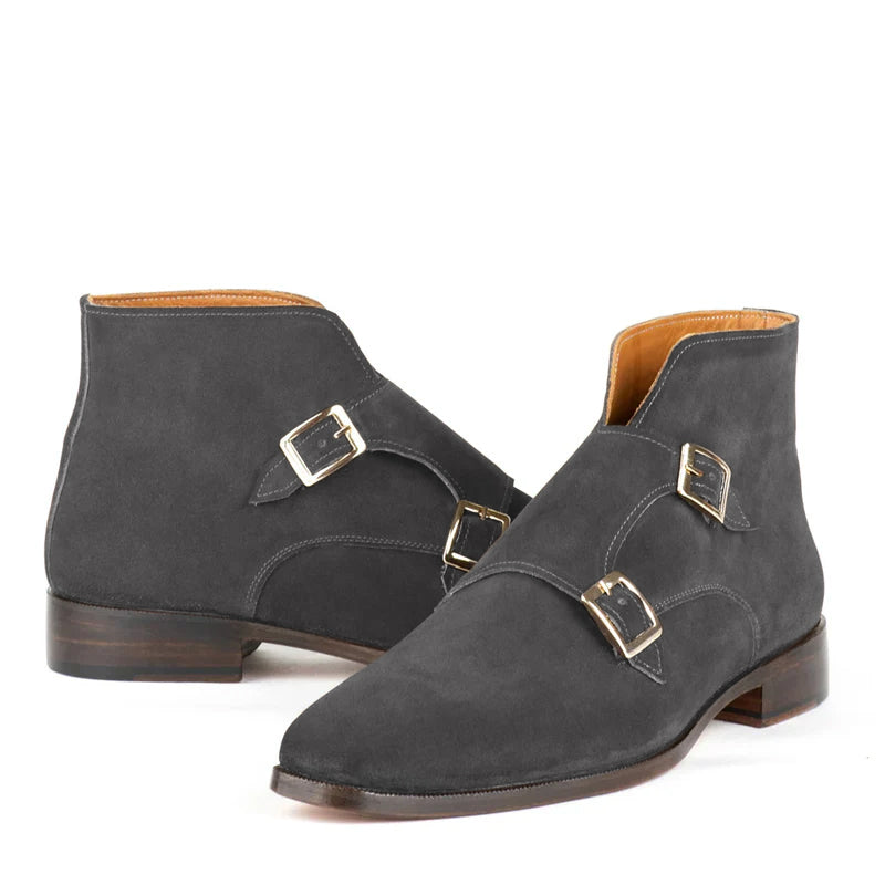 Classic Suede Leather Double Monkstraps Ankle Boot Brown