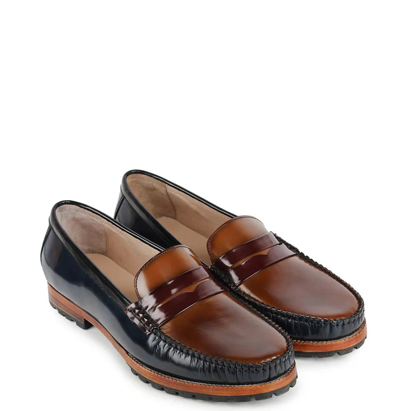 Classic Triple Tone Shiny Leather Black Tan Loafer