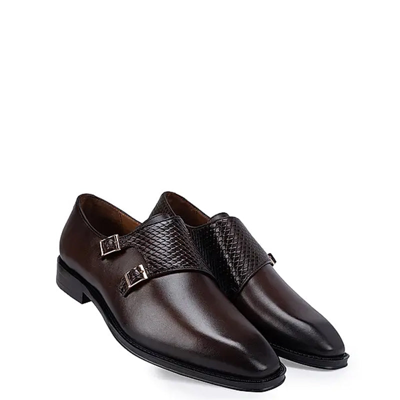 Polished Shiny Leather Textured Double Monk Shoe Brown