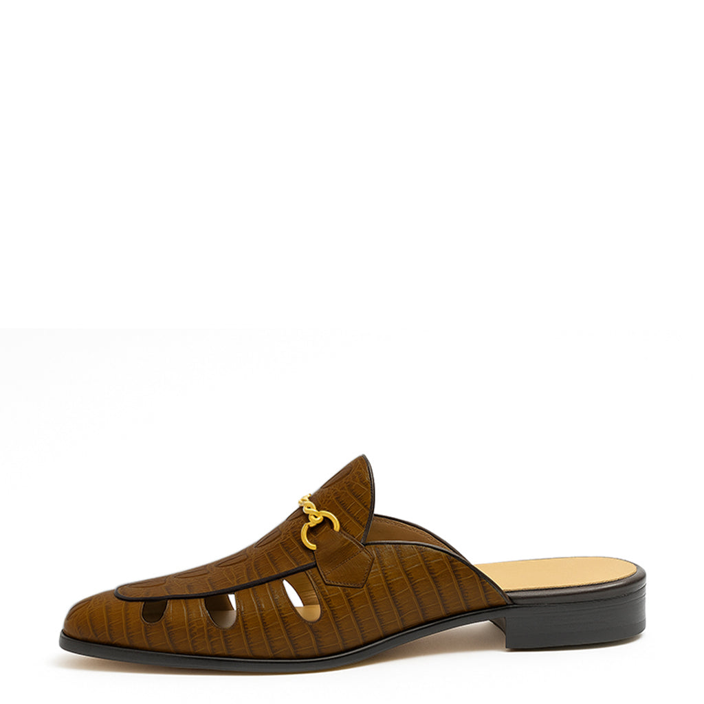 Embellished Textured Leather Mule Olive Green