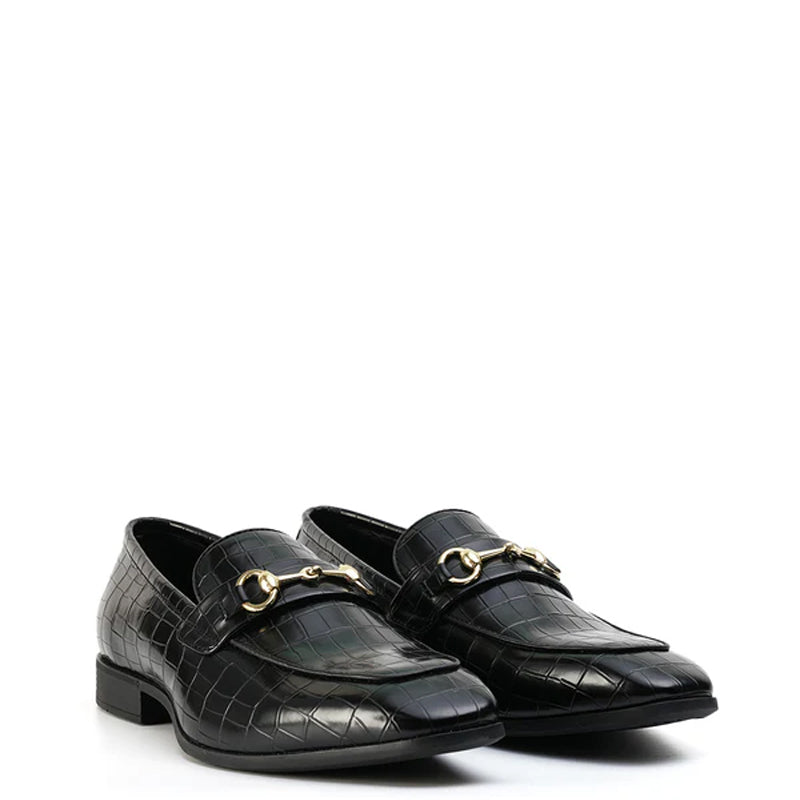 Croco Effect Leather Horsebit Buckled Black Loafer