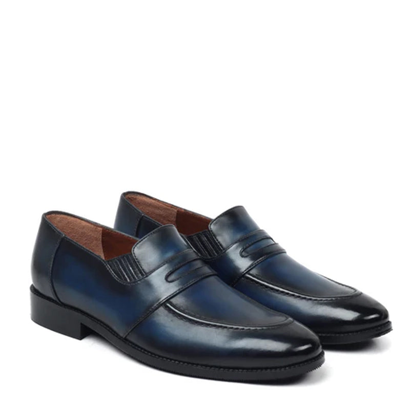Blue Leather Penny Loafer For Men