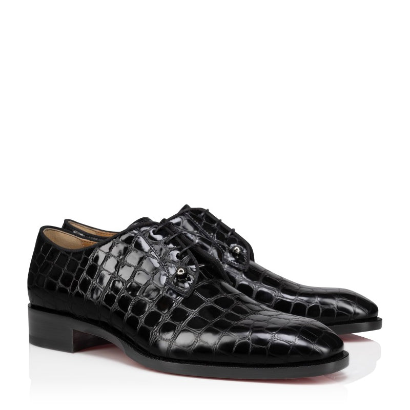 Croco Textured Leather Derby Black Shoe