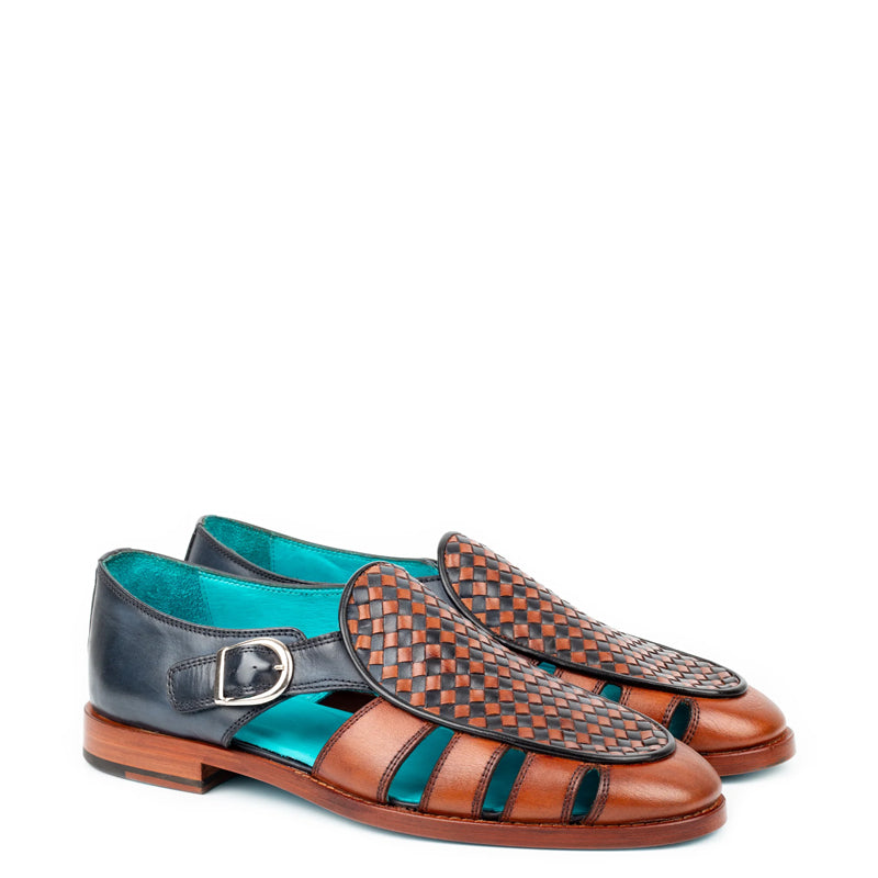 Men Green Black Textured Leather Peshawari Comfort Sandals