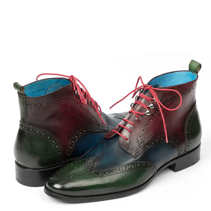 Men Dual Tone Leather Wingtip Ankle Green & Blue Burgundy Boot