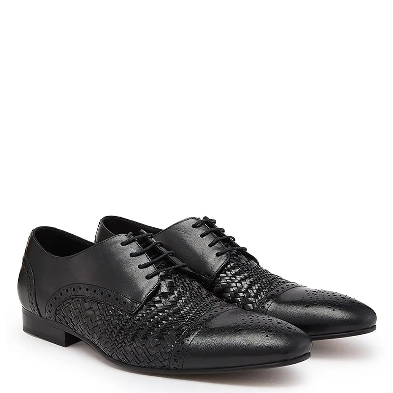 Men Handmade Leather Woven Textured Oxford Shoe Black