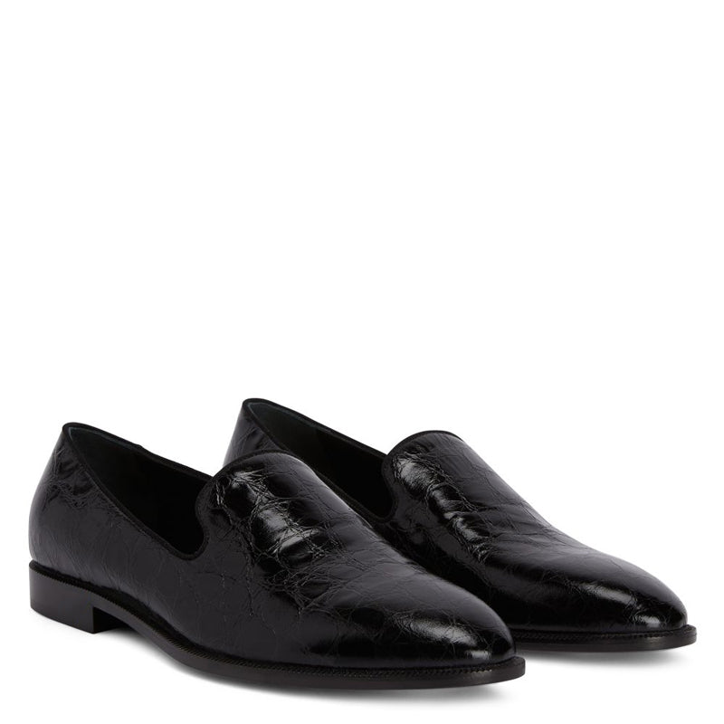 Pure Solid Leather Croco Textured Black Loafer