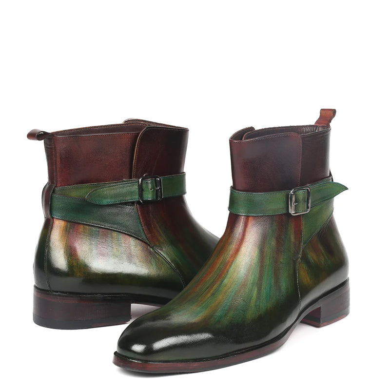 Hand Painted Leather Green and Burgundy Jodhpur Boot With Buckle