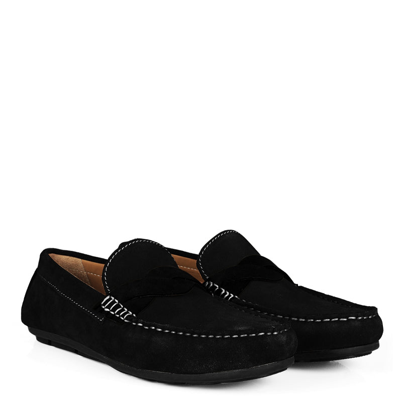 Penny Suede Cross Strap Leather Black Loafer