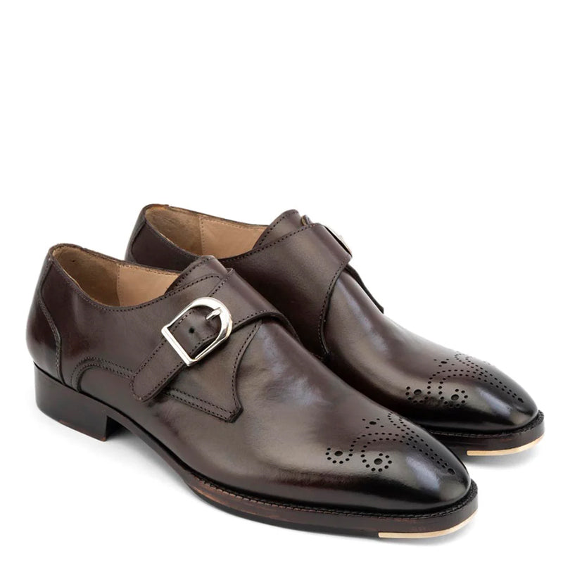 Glossed Square Toe Leather Single Monk Strap Shoe Brown