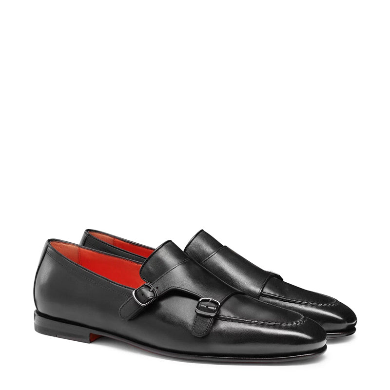Men Polished Double Buckle Leather Monk Strap