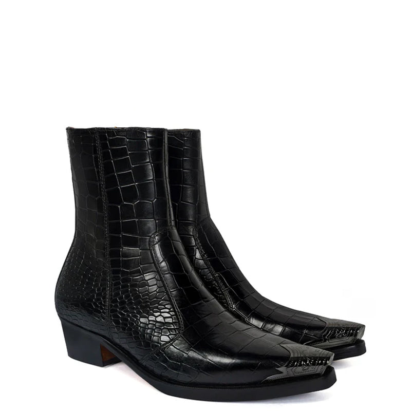 Luxury Croco Print Leather Side Zipper Boot Black