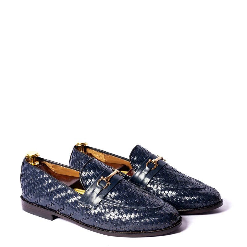 Pure Woven Leather Horsebit Buckled Blue Loafer