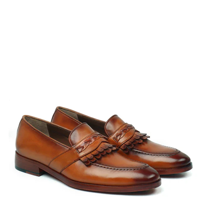 Patent Leather Slip On Black Loafer With Dual Fringes