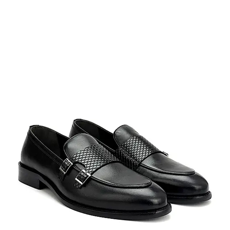 Polished Leather Textured Formal Double Monk Shoe Black