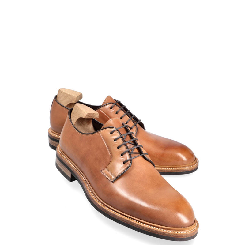 Polished Shiny Leather Plain Toe Derby Shoe Tan