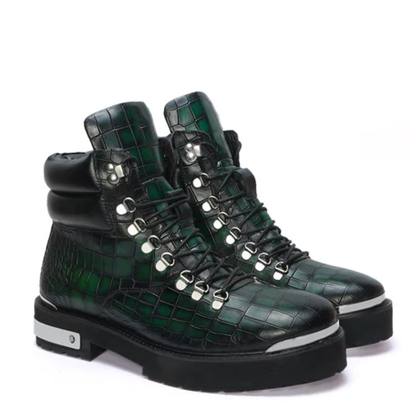 Croco Deep Cut Leather Lace-UP Ankle Boot Black