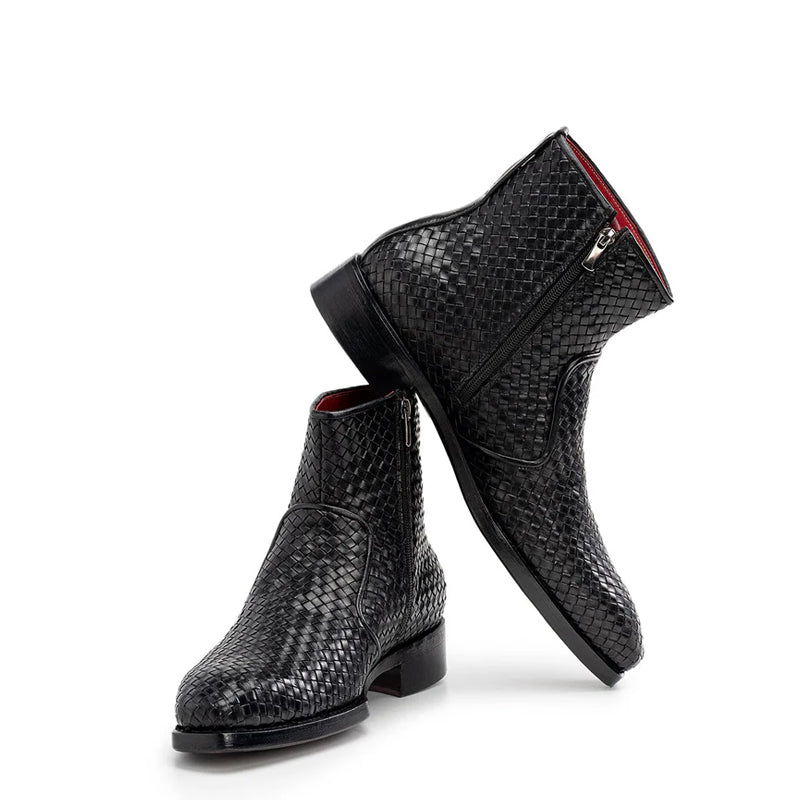 Luxury Stylish Woven Leather Side Zipper Boot Black
