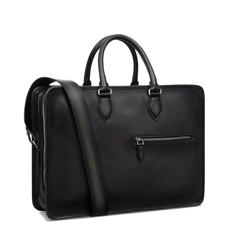 Grained Leather Black Satchel Bag