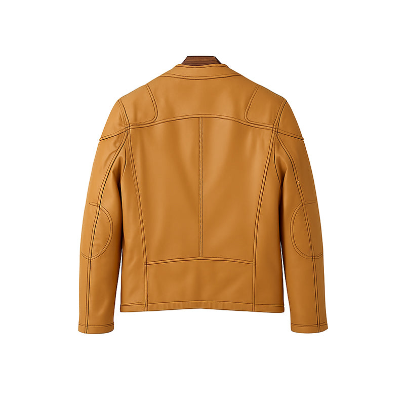 Men’s Zip-Up Vintage Tan Biker Jacket with Stand Collar & Pockets