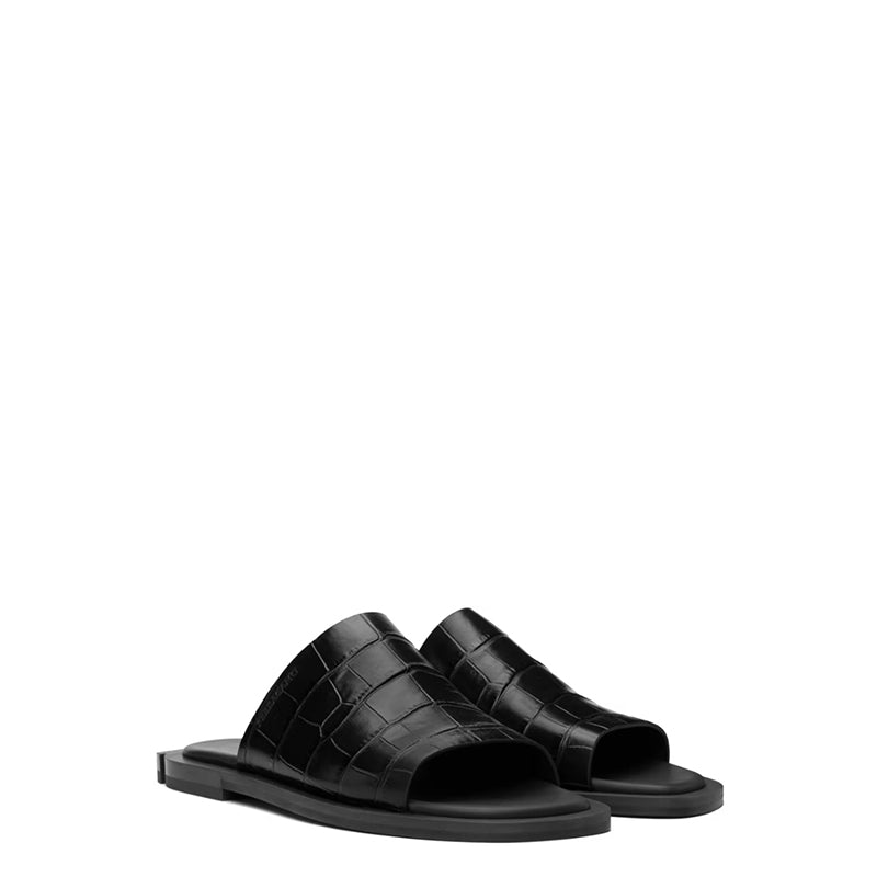 Black Reptilian Textured Slip On Sandal