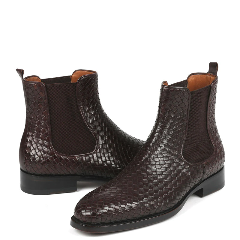 Woven Handmade Shiny Leather Chelsea Black Boot
