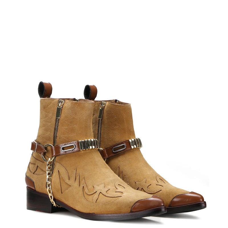Luxury Stylish Leather Side-Zipper Tan Boot With Chain