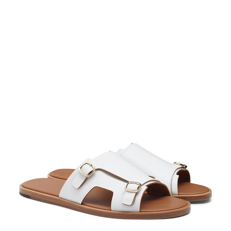 Men Double Buckle Leather Comfort White Sandal