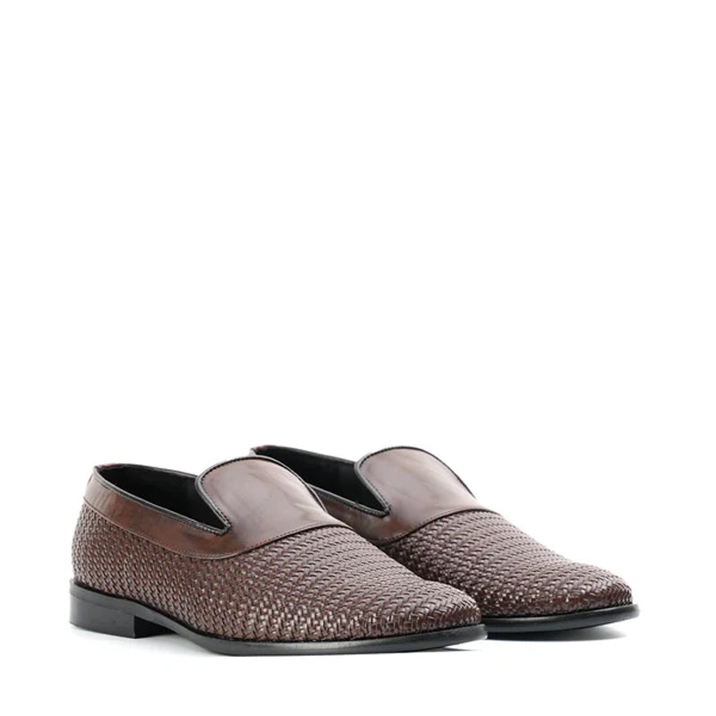 Woven Slip On Leather Black Loafer For Men