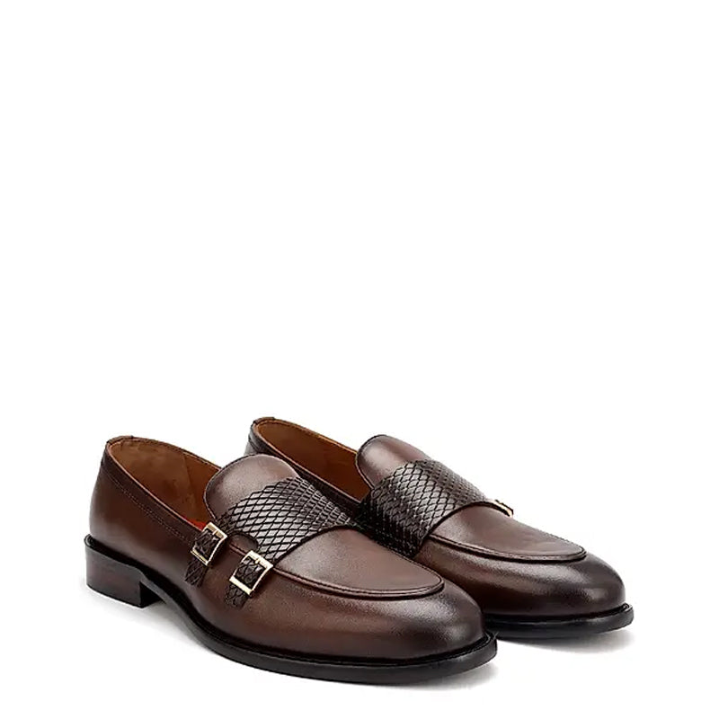 Polished Leather Textured Formal Double Monk Shoe Brown
