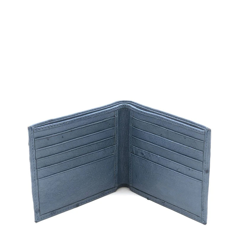 Men Ostrich Leather Blue Bifold Wallet