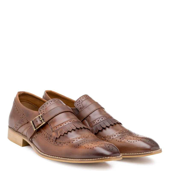 Men Handmade Leather Tan Single Monk Strap Shoe