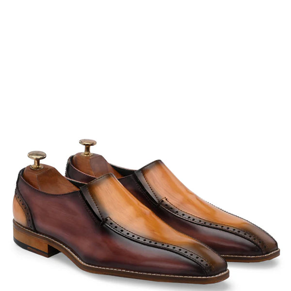 Handpainted Dual Tone Solid Leather Burgundy and Tan Loafer