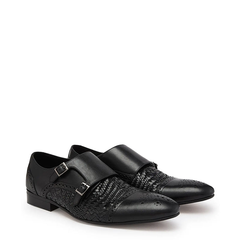 Men Woven Textured Leather Double Monk Strap Shoes