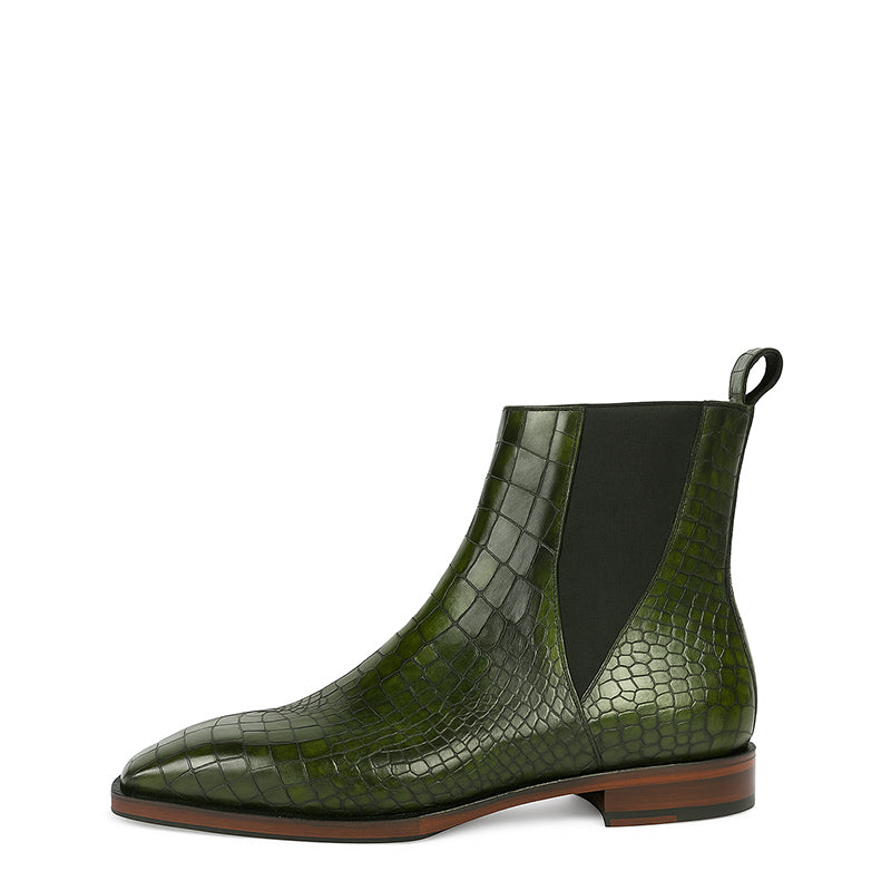Men s Croco Leather Green Chelsea Boots