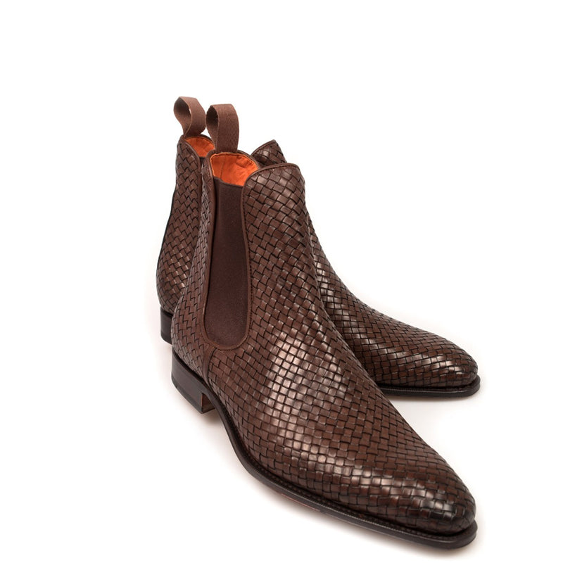 Woven Handmade Solid Leather Chelsea Boot Brown