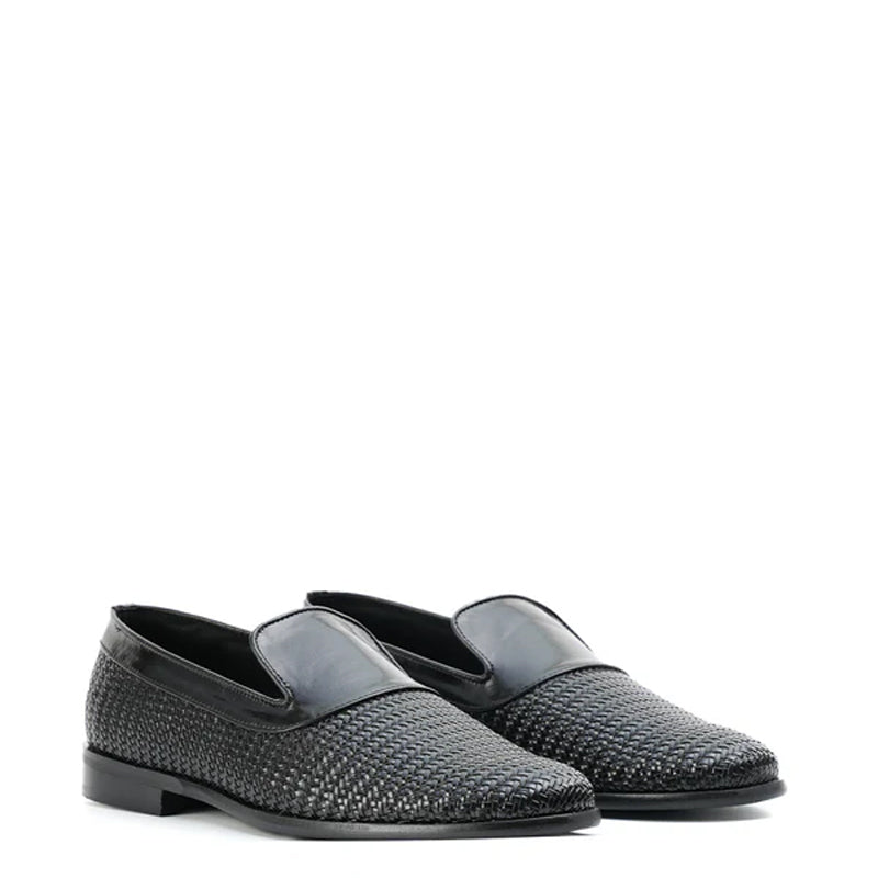 Woven Slip On Leather Black Loafer For Men