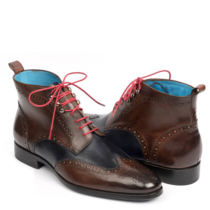 Men Dual Tone Leather Wingtip Brown and Blue Ankle Boot