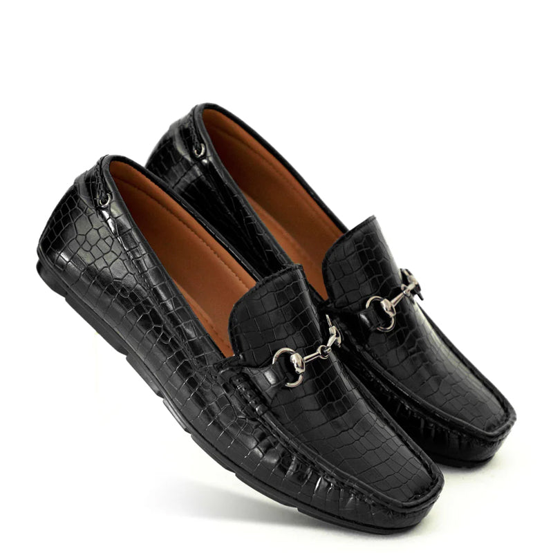Croco Pattern Leather Horsebit Buckled Brown Loafer