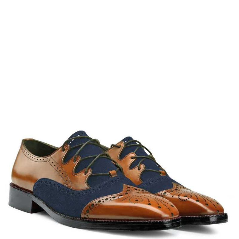 Criss Cross Wingtip Leather Oxford Shoe Tan & Navy