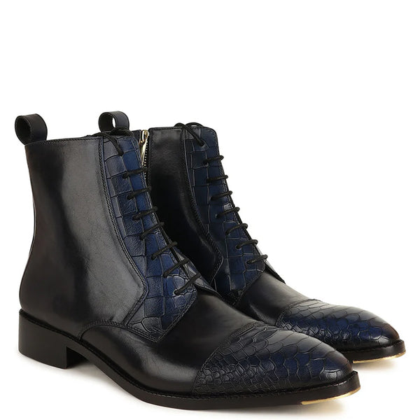 Luxury Croco Leather Cap Toe Side Zipper Boot