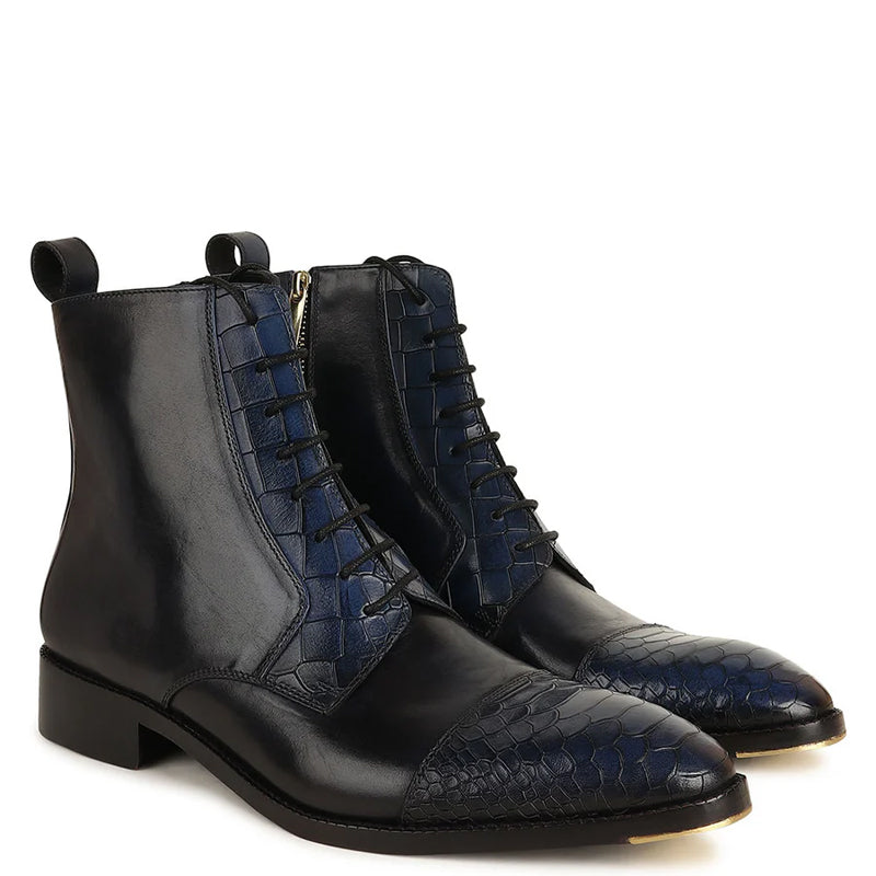 Luxury Croco Leather Cap Toe Side Zipper Boot Black Blue