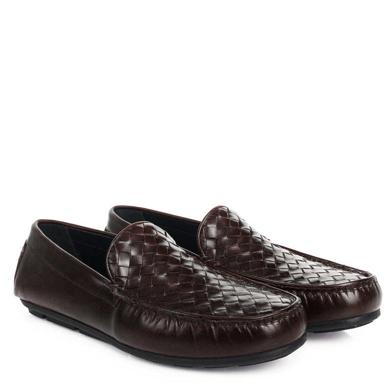 Leather Weaved Textured Driving Tan Loafer