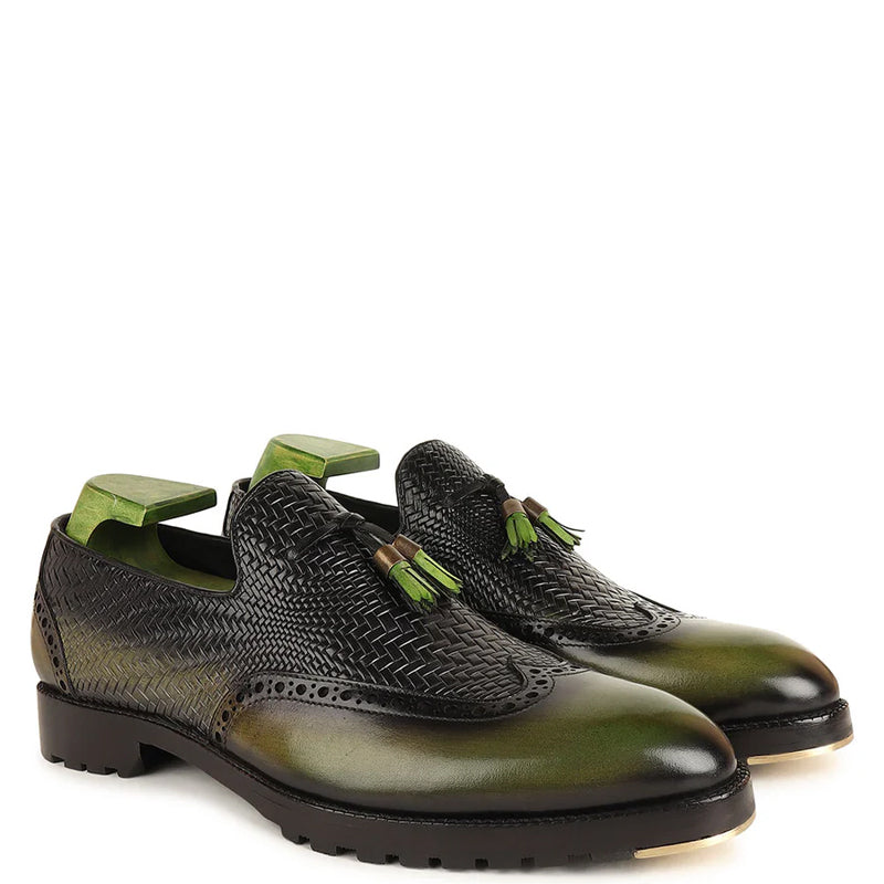 Patina Handmade Wingtip Leather Tassel Loafer Green
