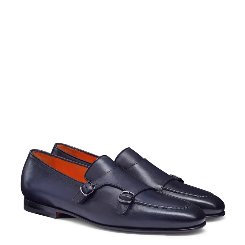 Men Polished Double Buckle Leather Monk Strap