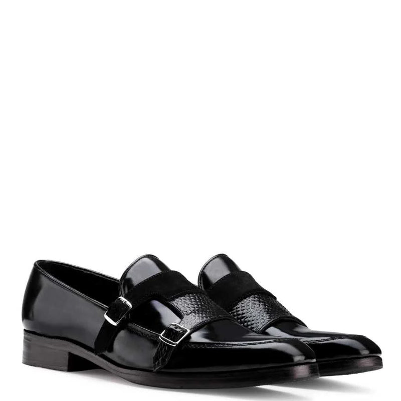 Patent Shiny Leather Double Monk Strap Black Shoe