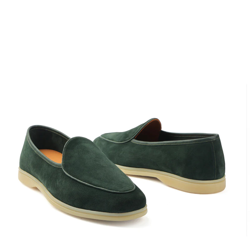 Suede Leather Solid Green Loafers For Men