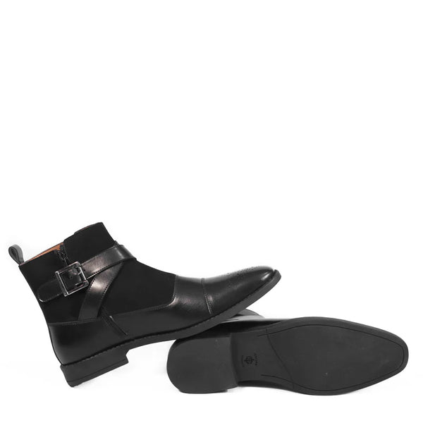 Leather Side Zip Up Buckled Ankle Boot