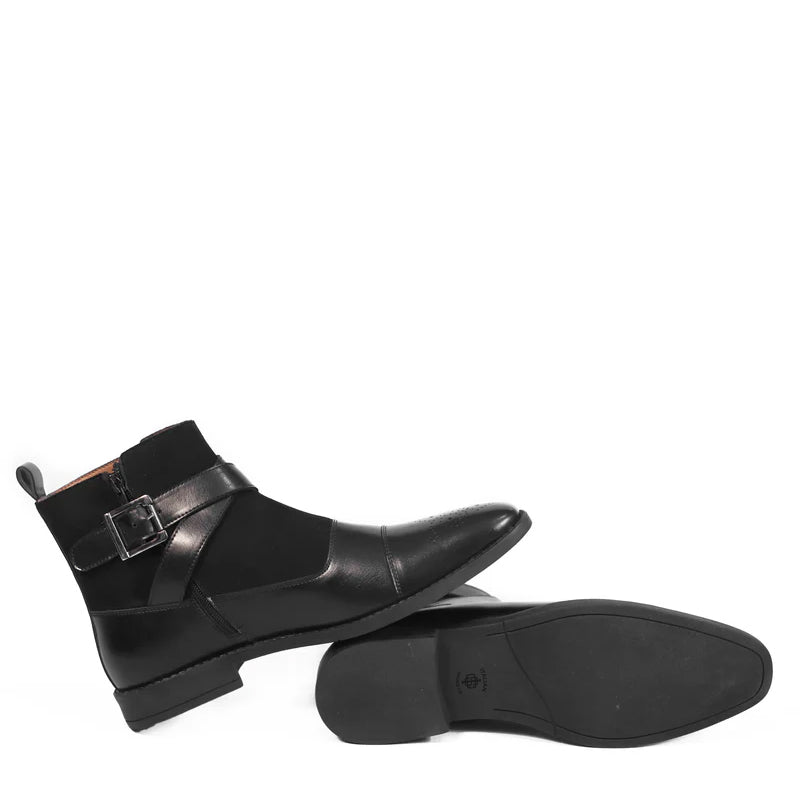Leather Side Zip-Up Buckled Ankle Black Boot